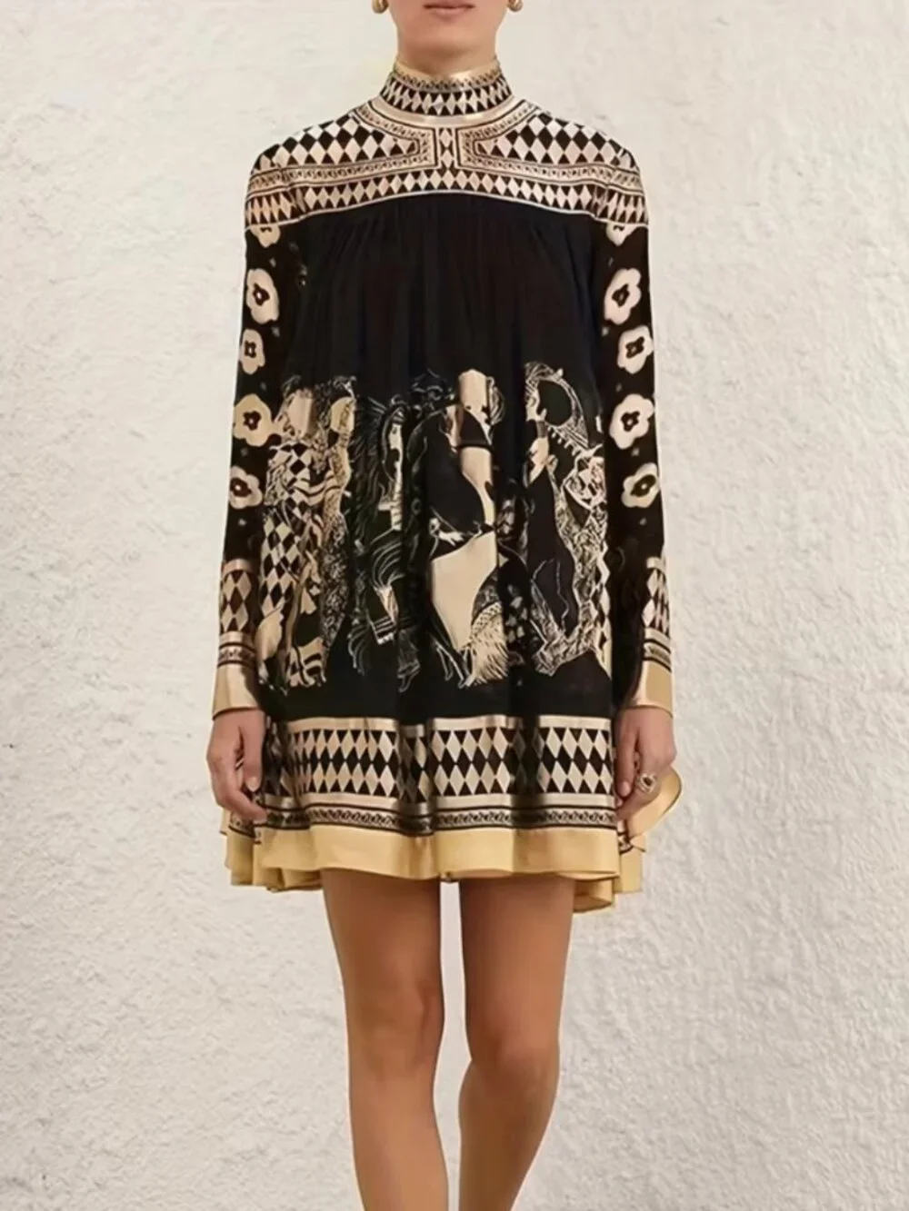 Women'S Bronze Ethnic Print Stand Collar Long-Sleeved Short Dress, Casual